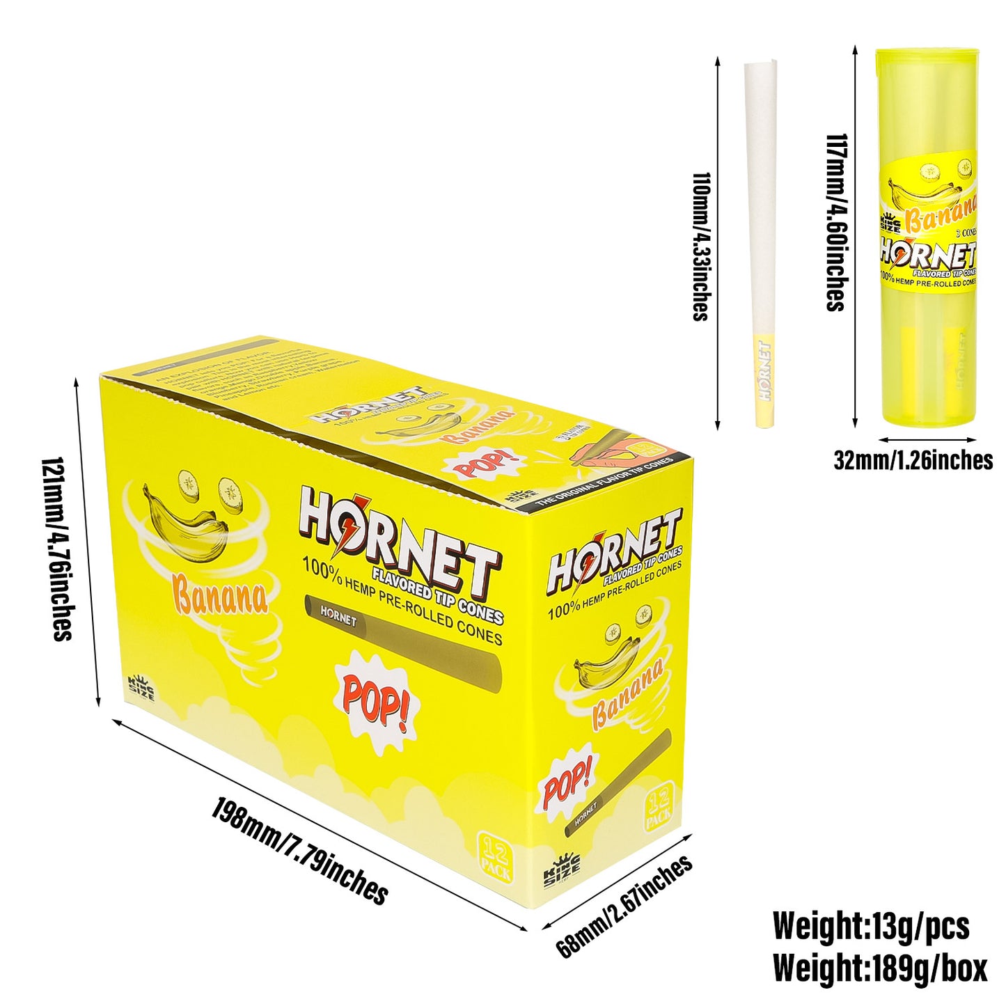 HORNET Banana Flavors Pre Rolled Cones, King Size Pre Rolled Rolling Paper With Tips, Slow Burning Rolling Cones & Flavored Pop, 3 PCS / Tube, 12 Tubes / Box