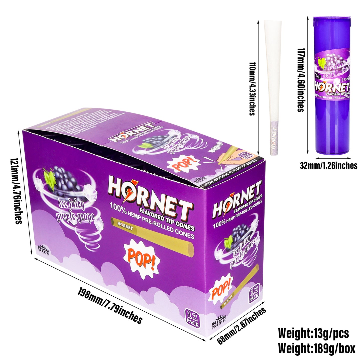HORNET Grape Flavors Pre Rolled Cones, King Size Pre Rolled Rolling Paper With Tips, Slow Burning Rolling Cones & Flavored Pop, 3 PCS / Tube, 12 Tubes / Box
