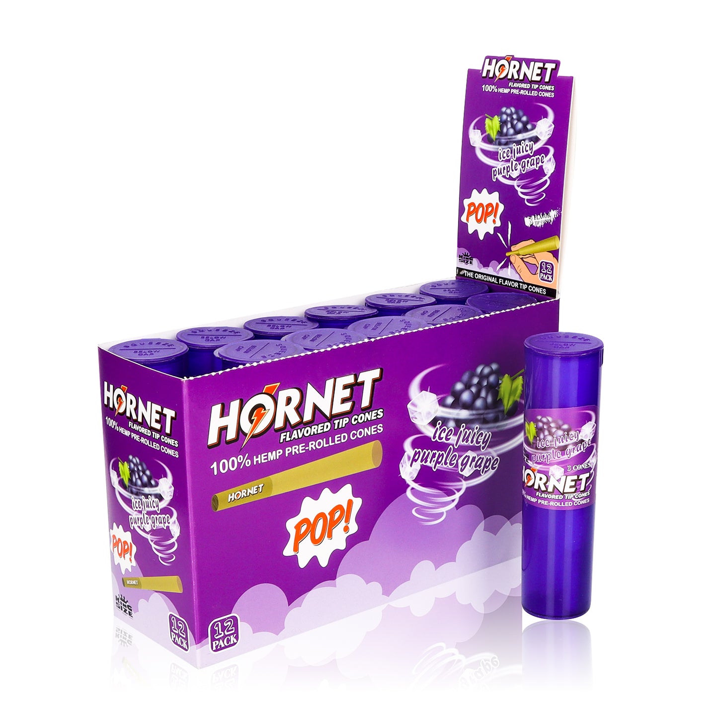 HORNET Grape Flavors Pre Rolled Cones, King Size Pre Rolled Rolling Paper With Tips, Slow Burning Rolling Cones & Flavored Pop, 3 PCS / Tube, 12 Tubes / Box