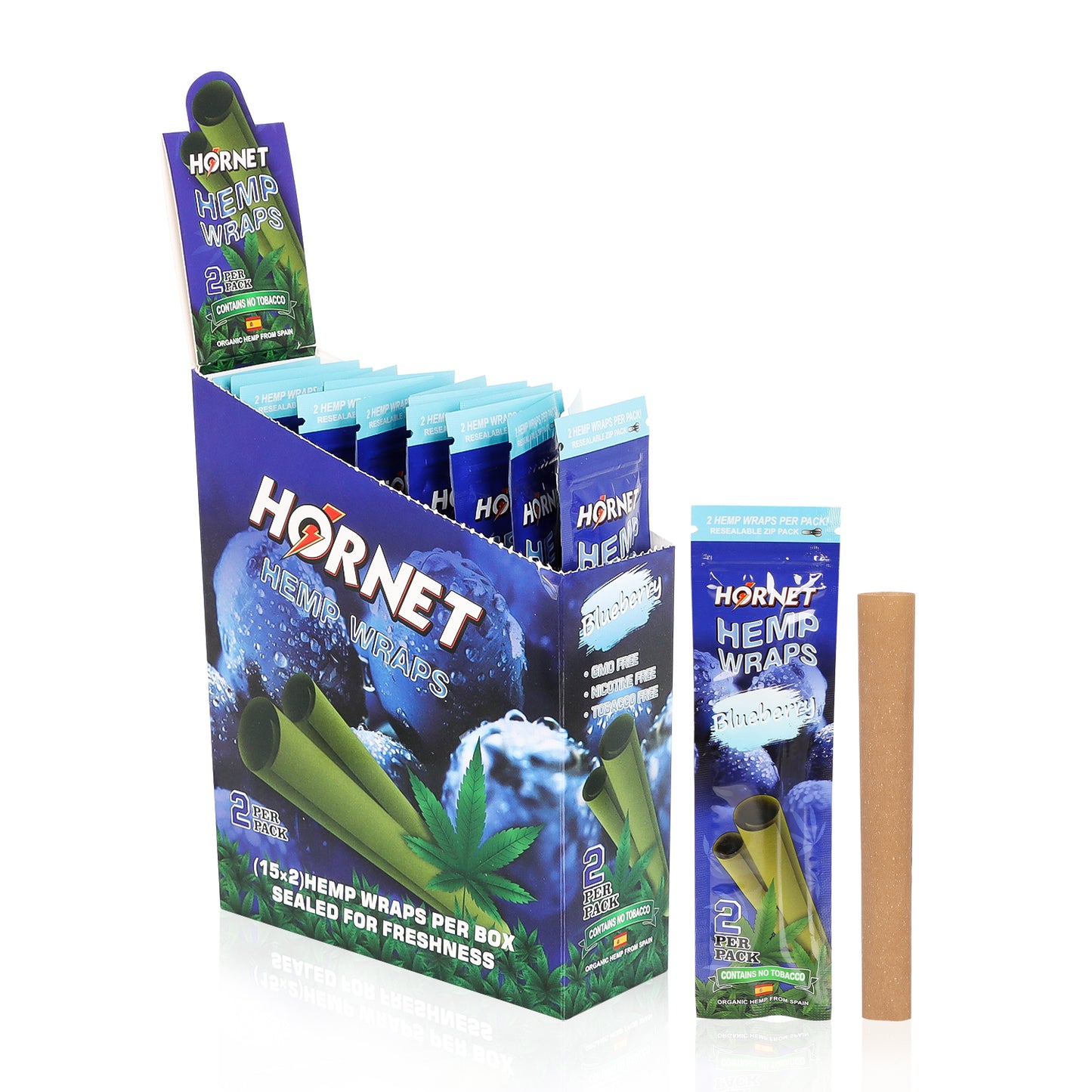 Hornet Blueberry Flavoured Hemp Blunt Wraps 30 Hemp Wraps Per Box