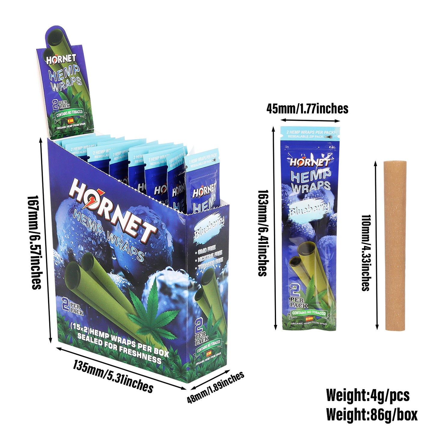 Hornet Blueberry Flavoured Hemp Blunt Wraps 30 Hemp Wraps Per Box