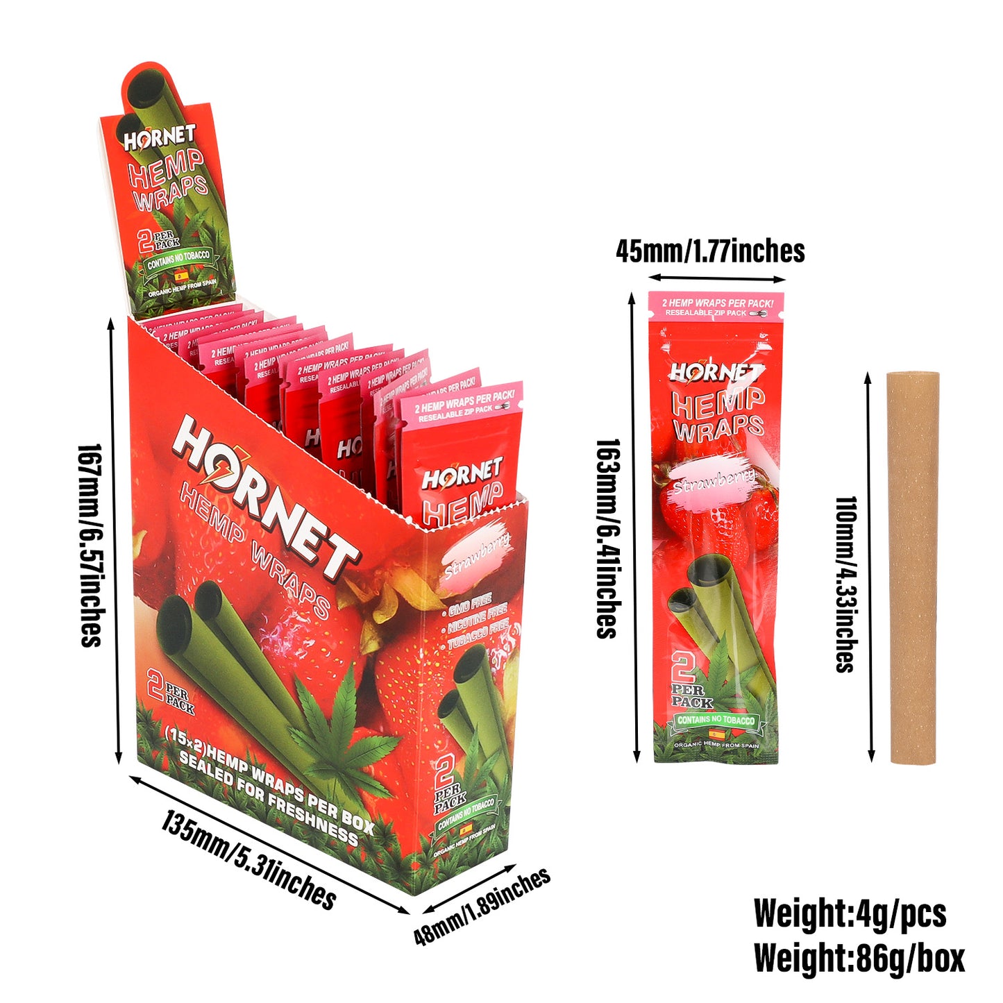 Hornet Strawberry Flavoured Hemp Blunt Wraps 30 Hemp Wraps Per Box