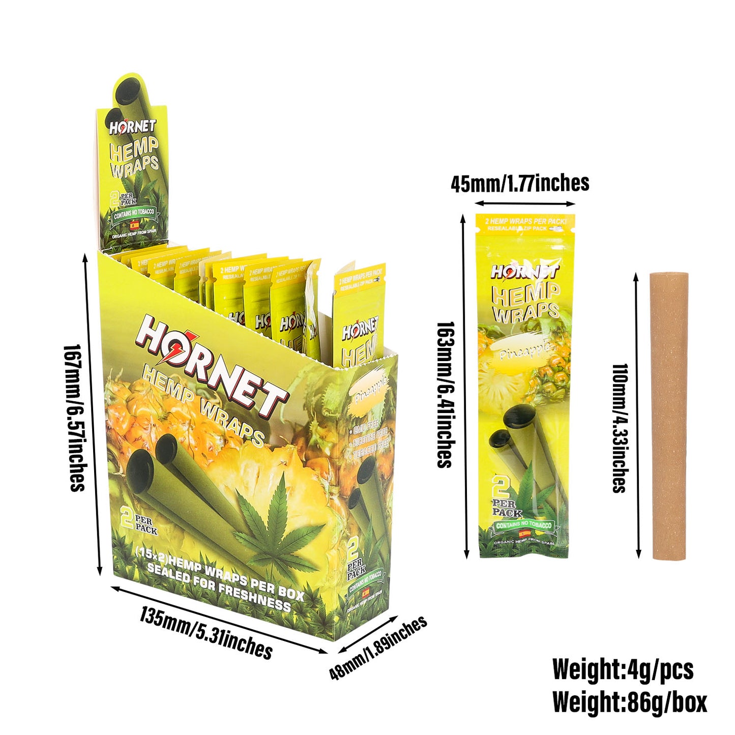 Hornet Pineapple Flavoured Hemp Blunt Wraps 30 Hemp Wraps Per Box