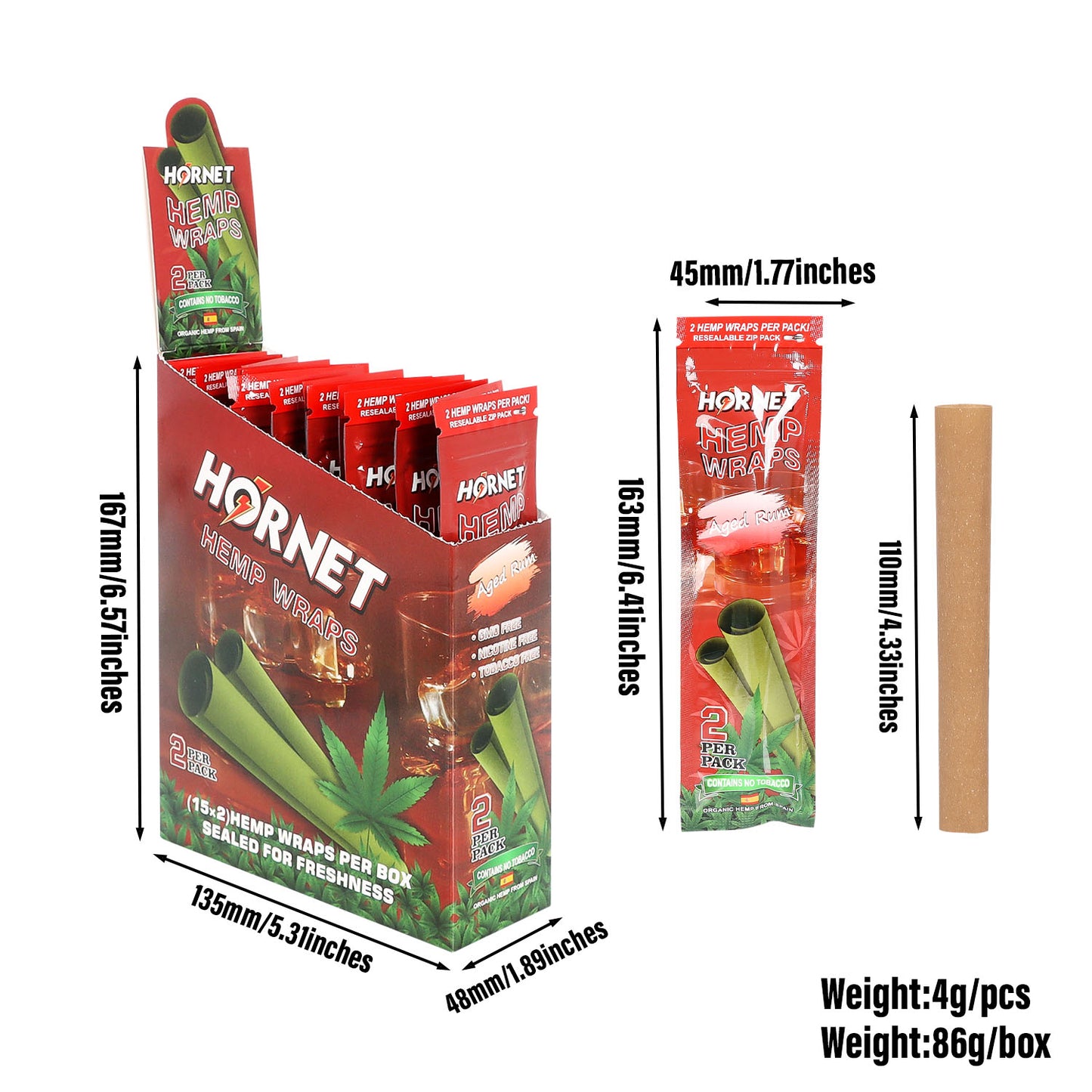 Hornet Rum Flavoured Hemp Blunt Wraps 30 Hemp Wraps Per Box