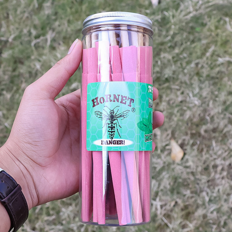 HORNET Mint Flavored Pink Pre Rolled Cones, King Size Pre Rolled Rolling Paper with tips, Slow Burning Rolling Cones & load, 72 PCS / Jar