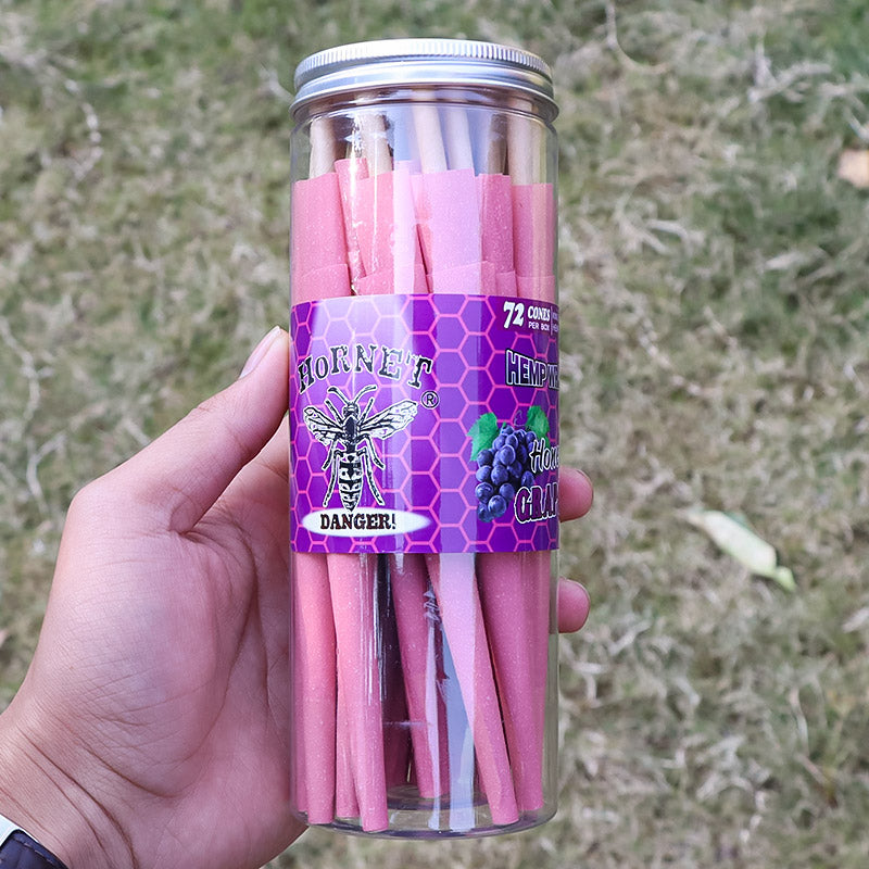 HORNET GRAPE Flavored Pink Pre Rolled Cones, King Size Pre Rolled Rolling Paper with tips, Slow Burning Rolling Cones & load, 72 PCS / Jar