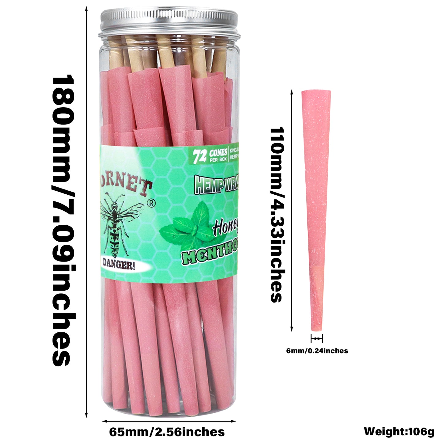 HORNET Mint Flavored Pink Pre Rolled Cones, King Size Pre Rolled Rolling Paper with tips, Slow Burning Rolling Cones & load, 72 PCS / Jar
