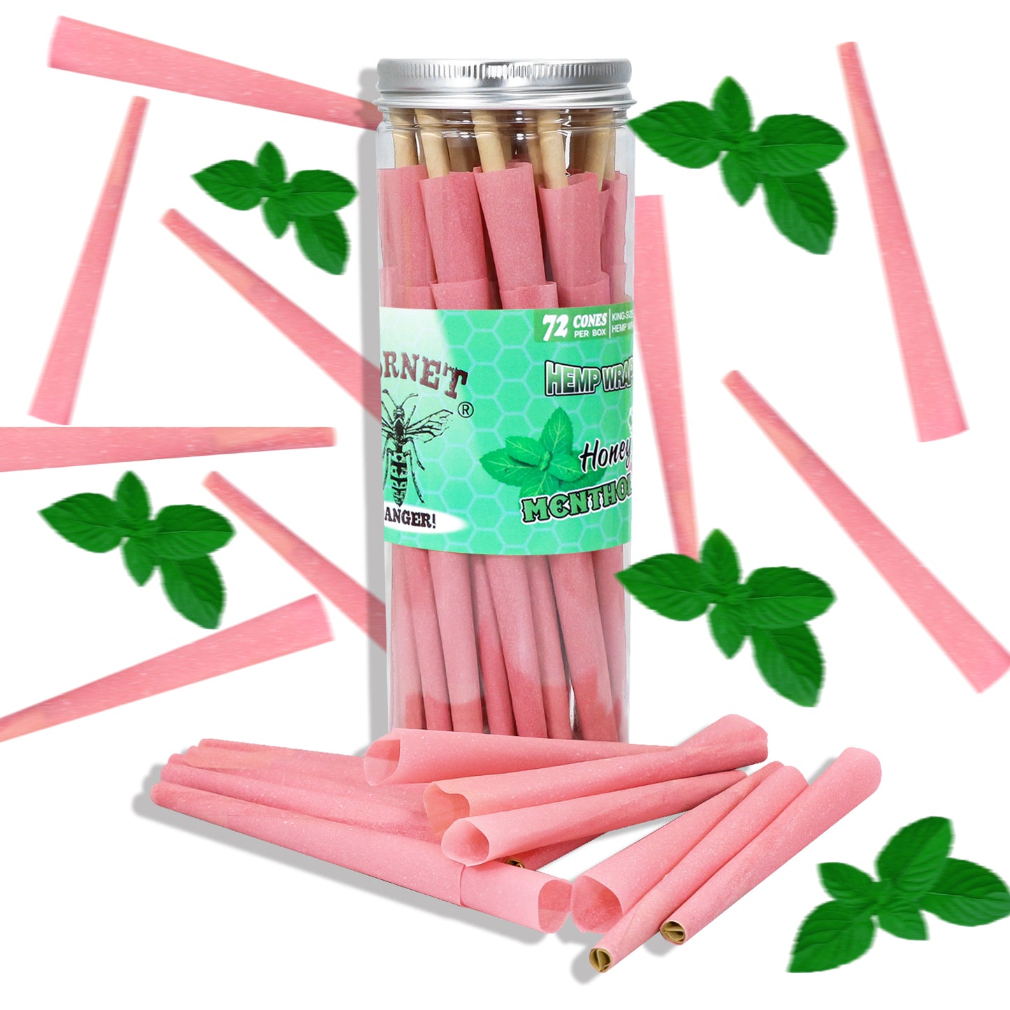 HORNET Mint Flavored Pink Pre Rolled Cones, King Size Pre Rolled Rolling Paper with tips, Slow Burning Rolling Cones & load, 72 PCS / Jar
