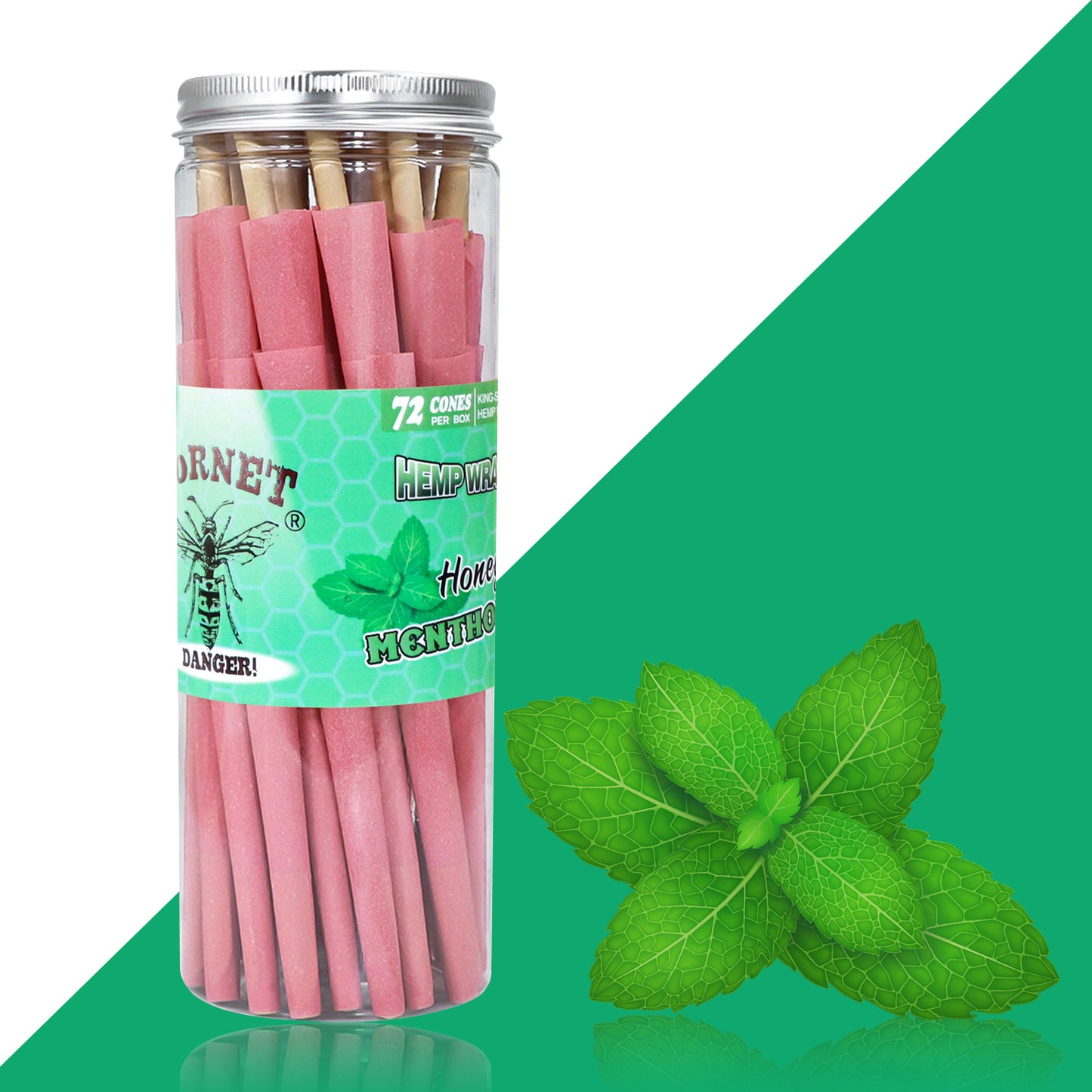 HORNET Mint Flavored Pink Pre Rolled Cones, King Size Pre Rolled Rolling Paper with tips, Slow Burning Rolling Cones & load, 72 PCS / Jar