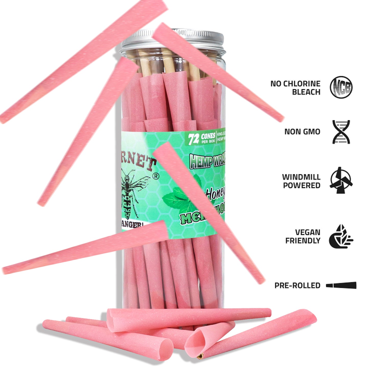 HORNET Mint Flavored Pink Pre Rolled Cones, King Size Pre Rolled Rolling Paper with tips, Slow Burning Rolling Cones & load, 72 PCS / Jar