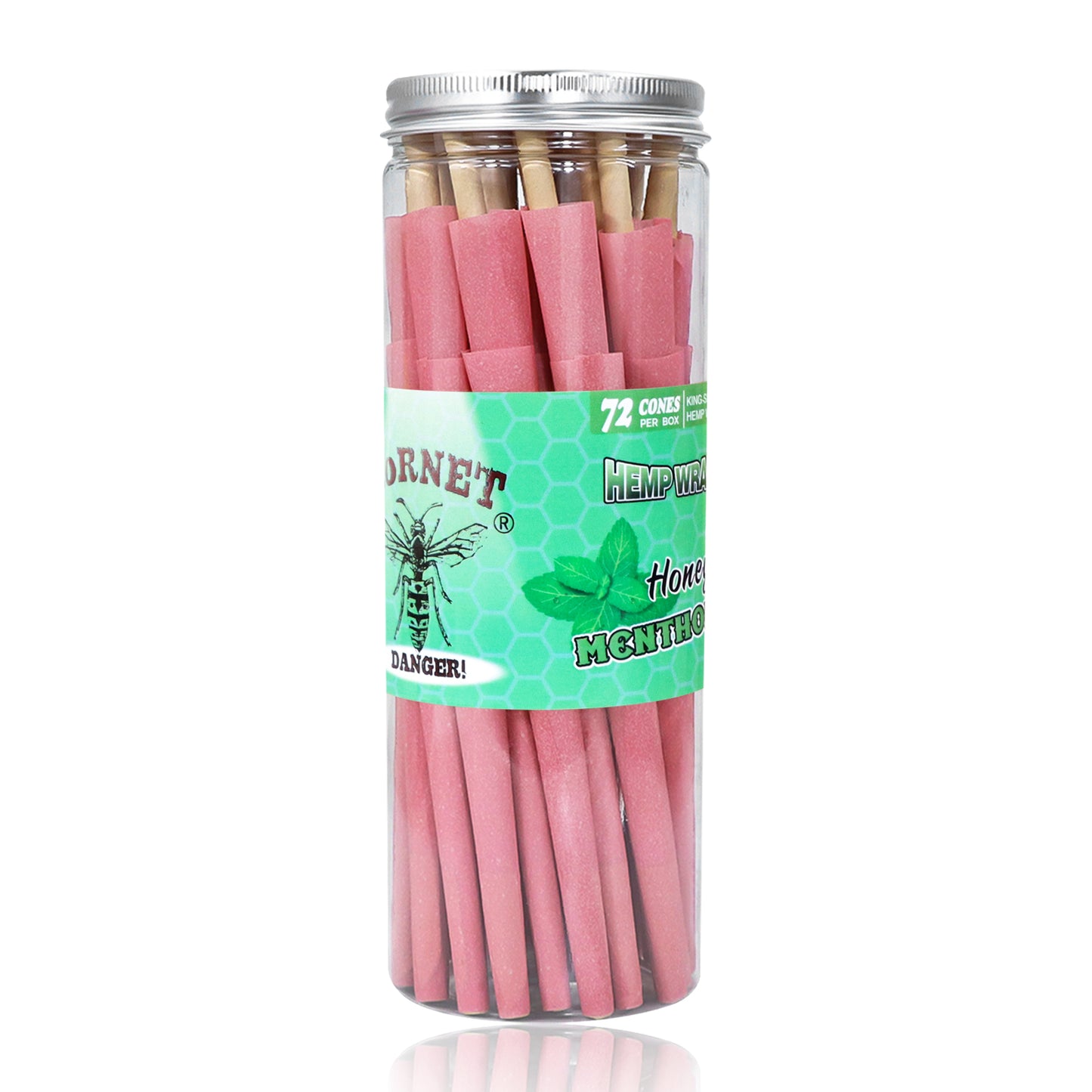 HORNET Mint Flavored Pink Pre Rolled Cones, King Size Pre Rolled Rolling Paper with tips, Slow Burning Rolling Cones & load, 72 PCS / Jar