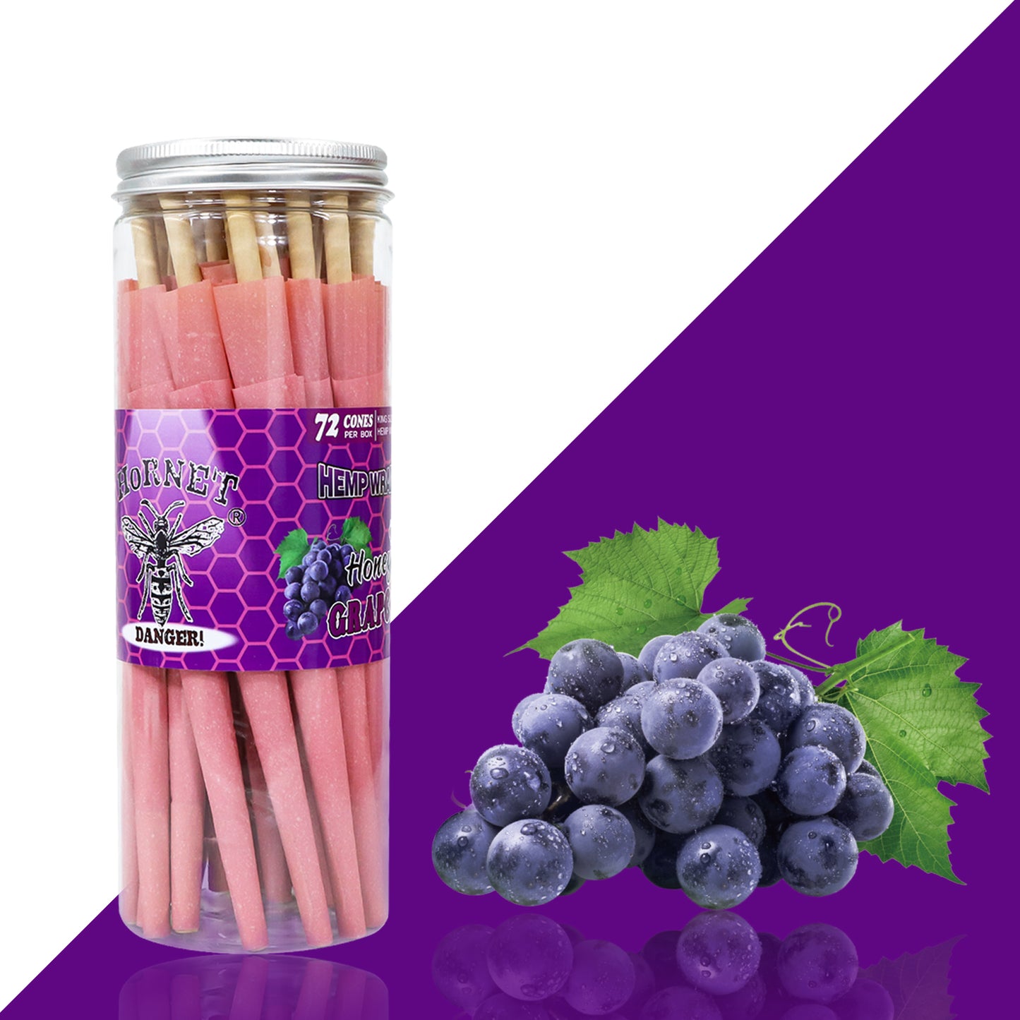 HORNET GRAPE Flavored Pink Pre Rolled Cones, King Size Pre Rolled Rolling Paper with tips, Slow Burning Rolling Cones & load, 72 PCS / Jar