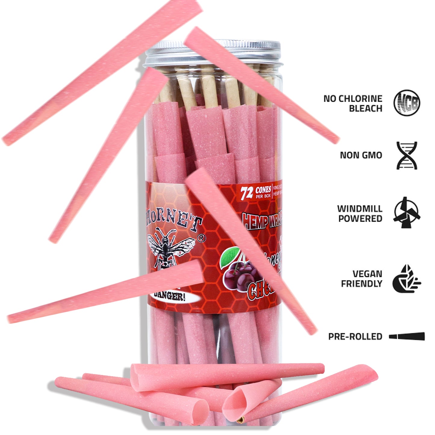 HORNET Cherry Flavored Pink Pre Rolled Cones, King Size Pre Rolled Rolling Paper with tips, Slow Burning Rolling Cones & load, 72 PCS / Jar