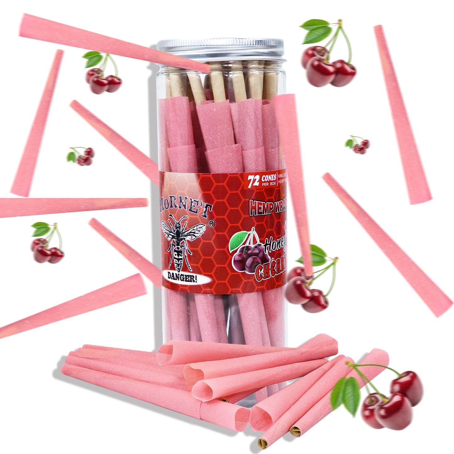 HORNET Cherry Flavored Pink Pre Rolled Cones, King Size Pre Rolled Rolling Paper with tips, Slow Burning Rolling Cones & load, 72 PCS / Jar