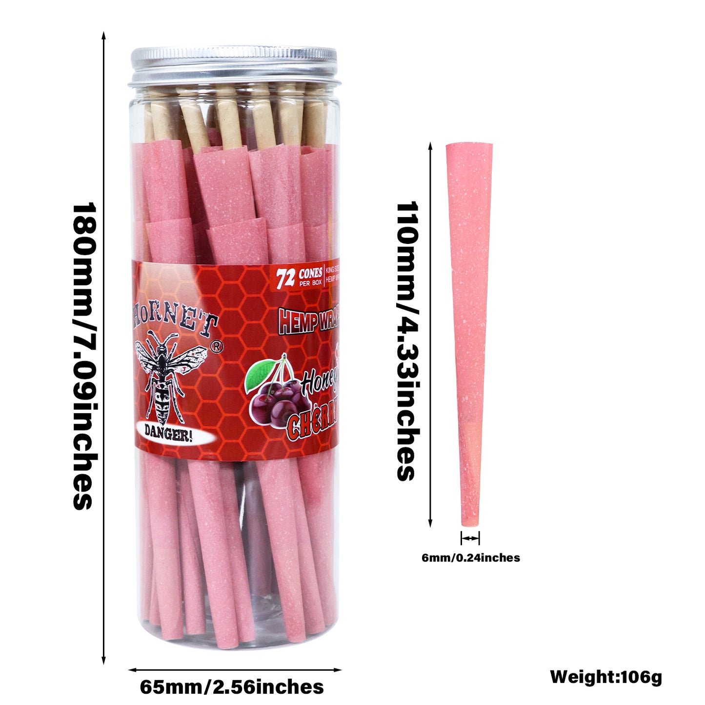 HORNET Cherry Flavored Pink Pre Rolled Cones, King Size Pre Rolled Rolling Paper with tips, Slow Burning Rolling Cones & load, 72 PCS / Jar