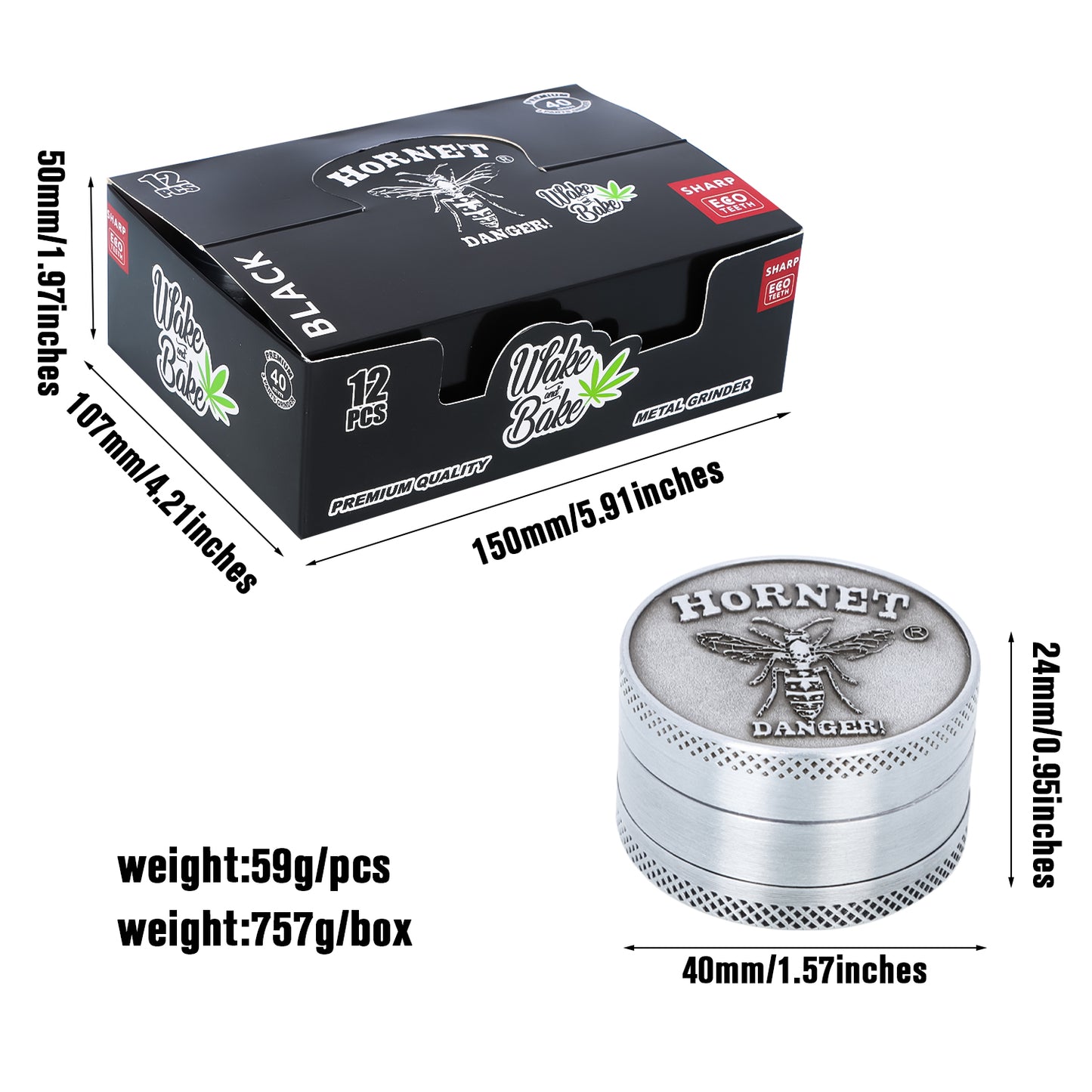 HORNET Zinc Alloy Herb Grinder, 3 Lay Ø 40 Smoker Grinder, Portable & Easy Clean Metal Herbal Grinder, 6 PCS / Box