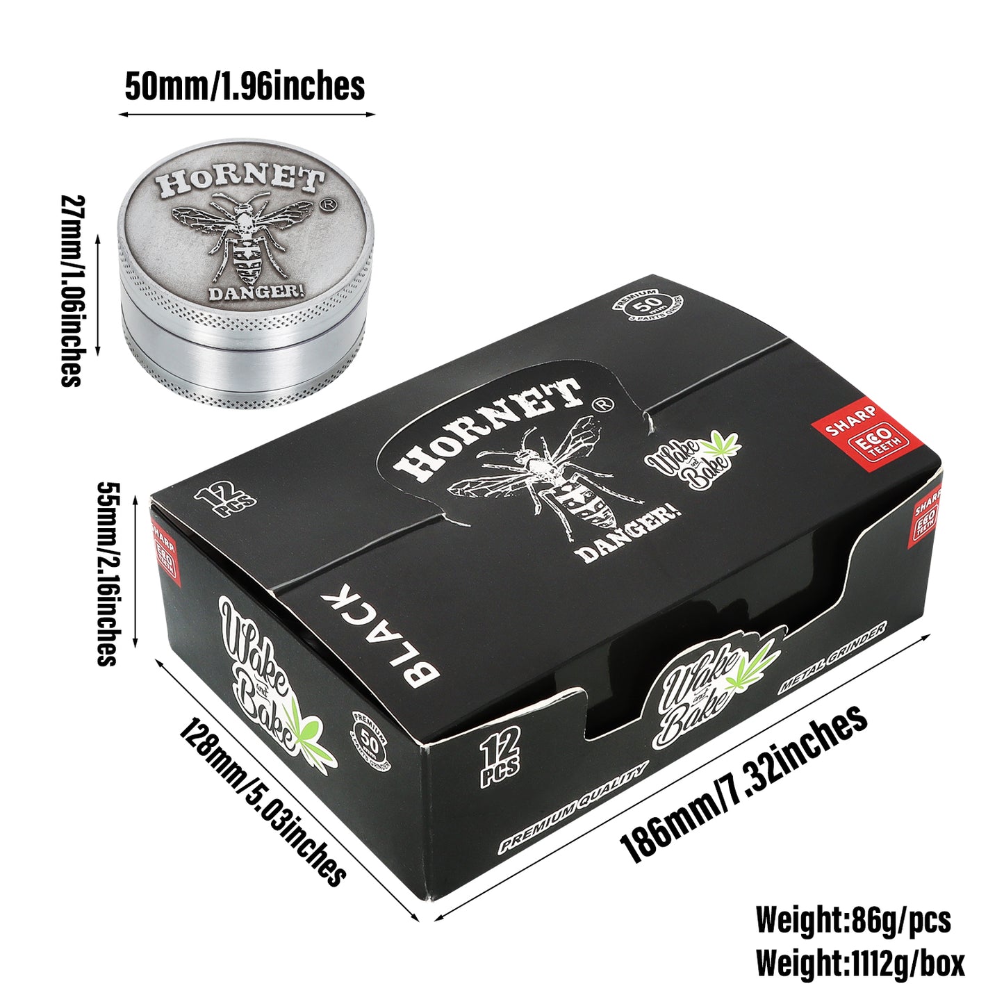 HORNET Zinc Alloy Herb Grinder, 3 Lay Ø 50 Smoker Grinder, Portable & Easy Clean Metal Herbal Grinder, 6 PCS / Box