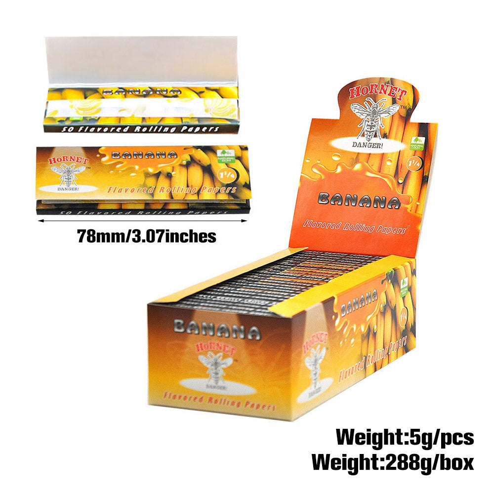 HORNET 1 1/4 Size Banana Flavors Rolling Papers, Slow Burning Rolling Paper, Natural Rolling Paper, 50 Piece / Pack 50 Pack / Box