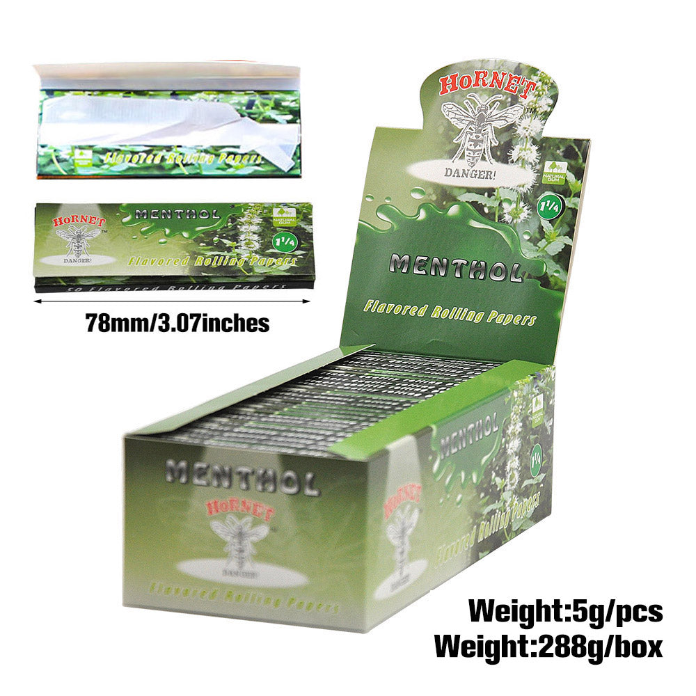 Hornet 1 1/4 Size Menthol Flavors Rolling Papers, Slow Burning Rolling Paper, Natural Rolling Paper, 50 Piece / Pack 50 Pack / Box