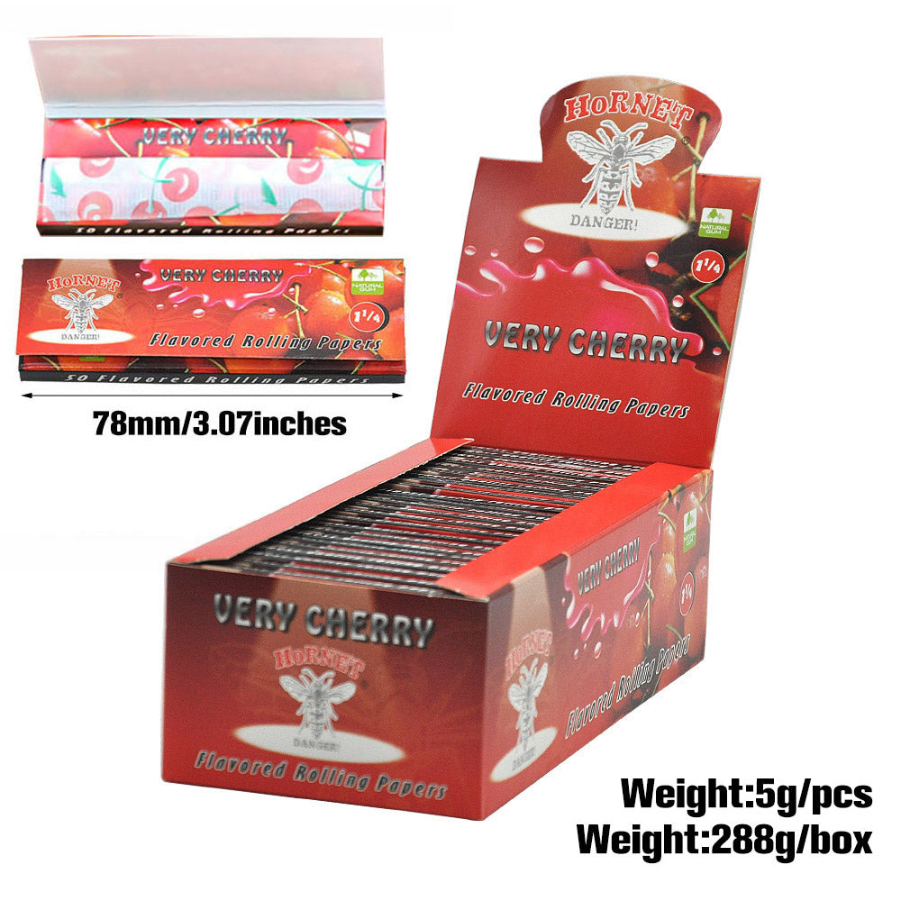 HORNET 1 1/4 Size CHERRY Flavors Rolling Papers, Slow Burning Rolling Paper, Natural Rolling Paper, 50 Piece / Pack 50 Pack / Box