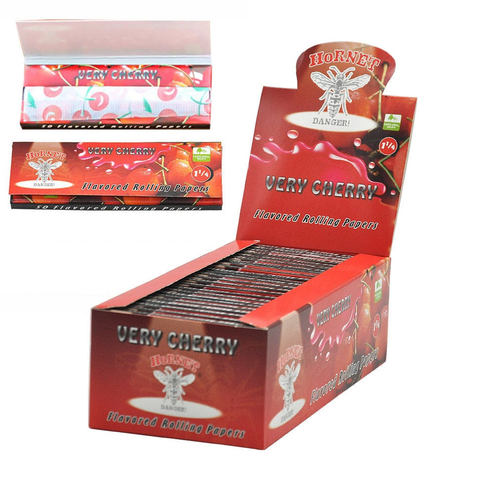 HORNET 1 1/4 Size CHERRY Flavors Rolling Papers, Slow Burning Rolling Paper, Natural Rolling Paper, 50 Piece / Pack 50 Pack / Box