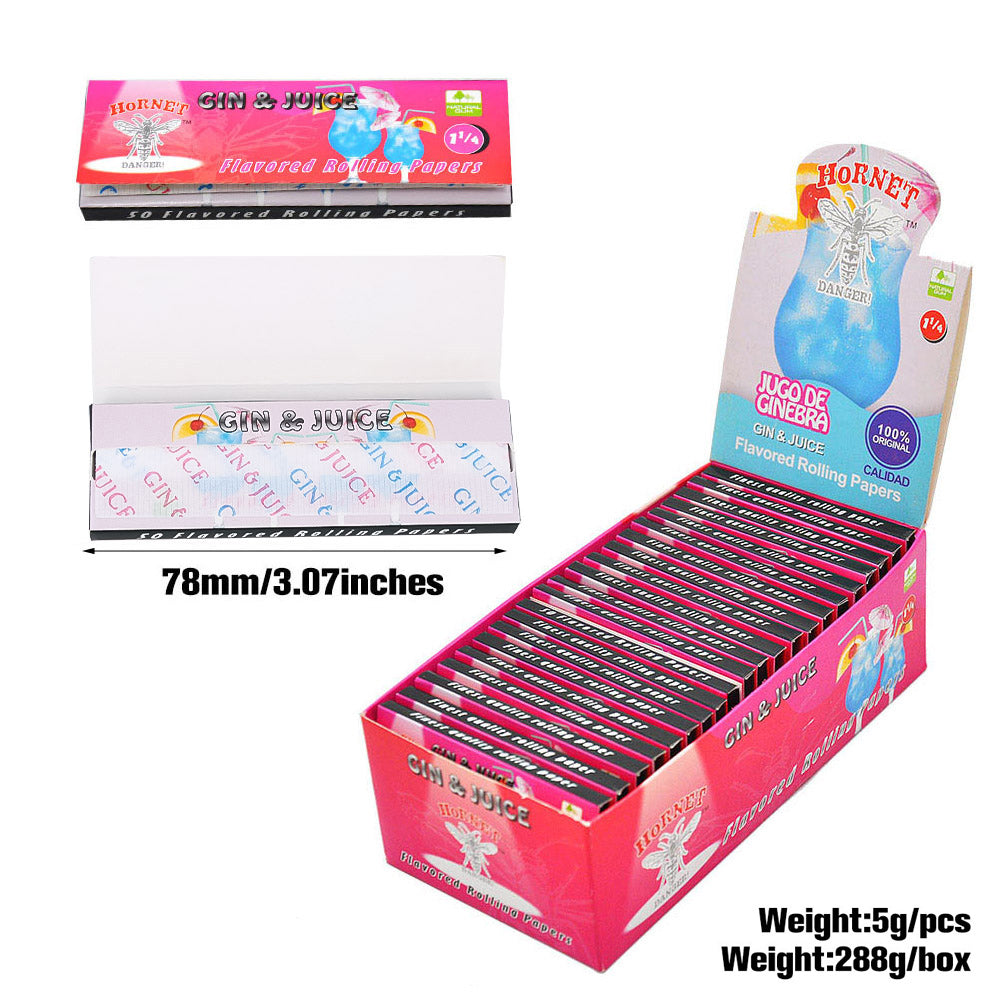 Hornet 1 1/4 Size Gin & Juice Flavors Rolling Papers, Slow Burning Rolling Paper, Natural Rolling Paper, 50 Piece / Pack 50 Pack / Box