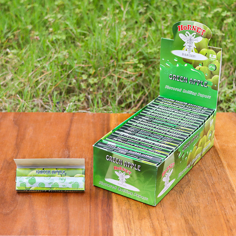 Hornet 1 1/4 size Green Apple Flavors Rolling Papers, Slow Burning Rolling Paper, Natural Rolling Paper, 50 Piece / Pack 50 Pack / Box