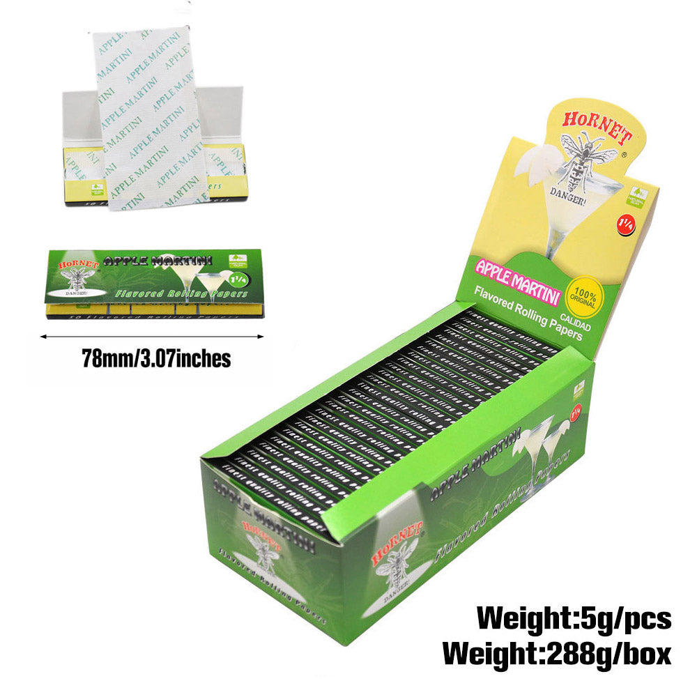 HORNET 1 1/4 Size Apple Martini Flavors Rolling Papers, Slow Burning Rolling Paper, Natural Rolling Paper, 50 Piece / Pack 50 Pack / Box