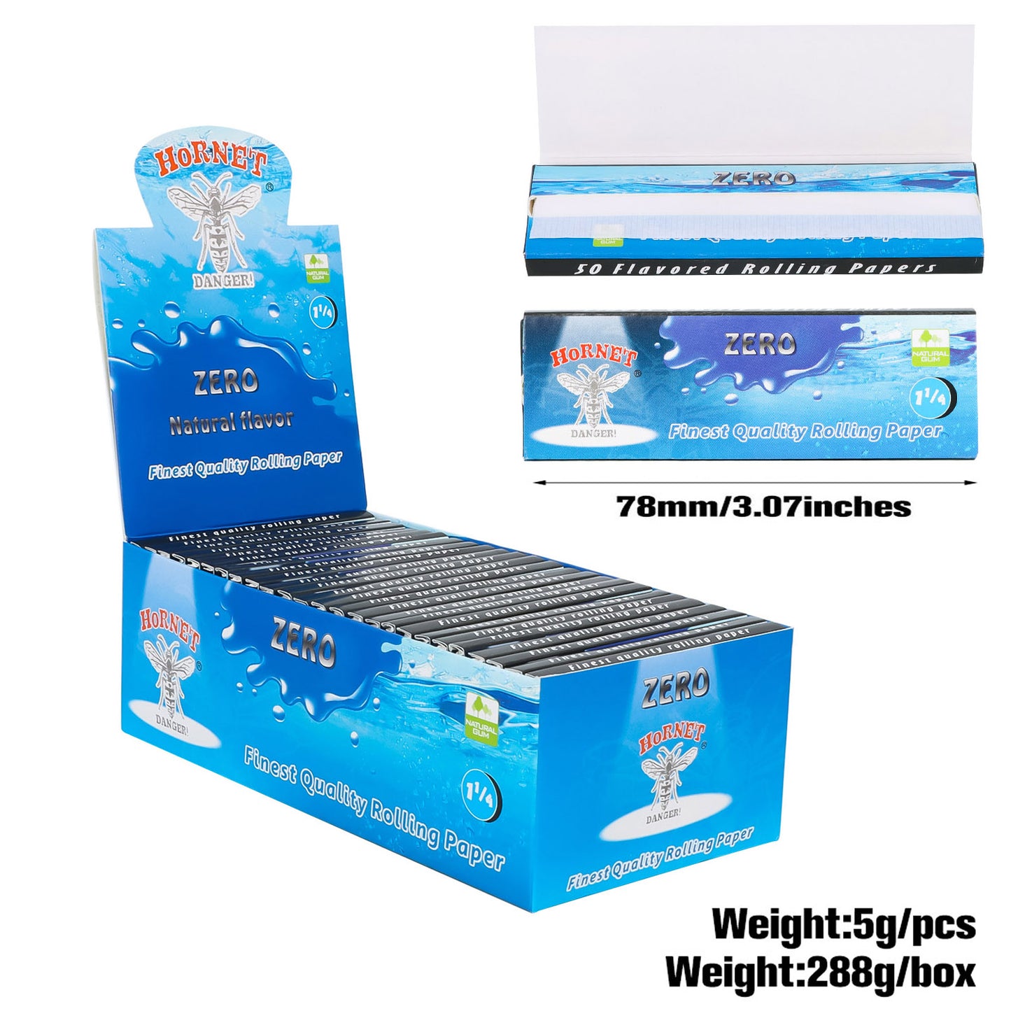 Hornet 1 1/4 Size Organic Flavors Rolling Papers, Slow Burning Rolling Paper, Natural Rolling Paper, 50 Piece / Pack 50 Pack / Box