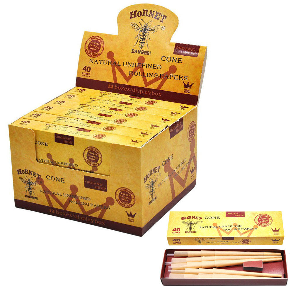 HORNET King Size Brown Pre Rolled Cones, Natural Rolling Cones, Slow Burning Pre Rolled Rolling Paper, 40 PCS / Pack 12 Packs / Box