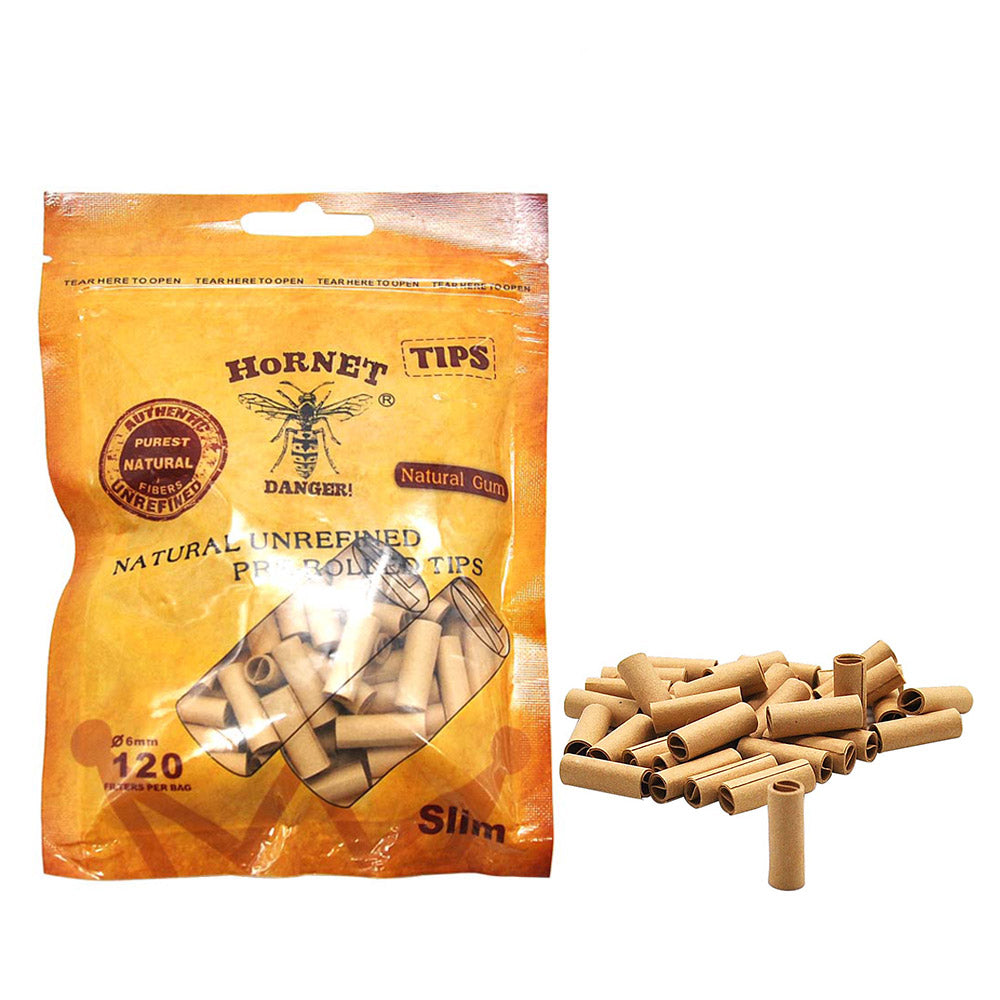 HORNET Ø 6 Slim Pre Rolled Tips, Brown Organic Cigarette Rolling Tips, 120 Tips / Pack