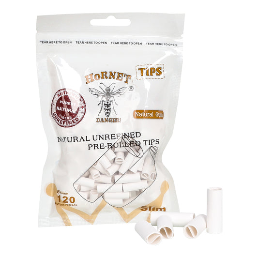 HORNET Ø 6 Slim Pre Rolled Tips, White Organic Cigarette Rolling Tips, 120 Tips / Pack