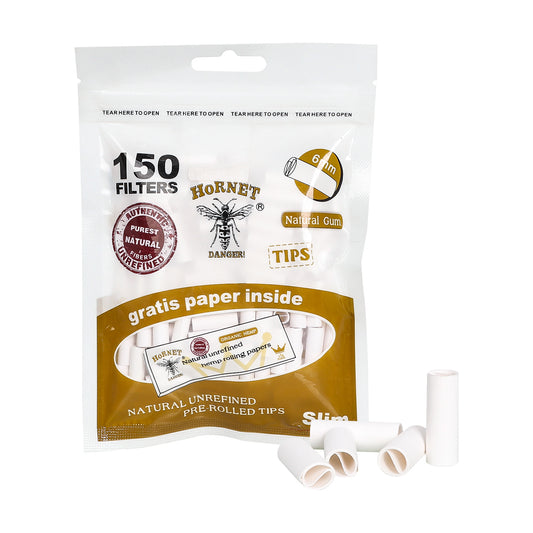 HORNET Ø 6 Pre Rolled Tips, White Organic Cigarette Rolling Tips, 150 Tips / Pack