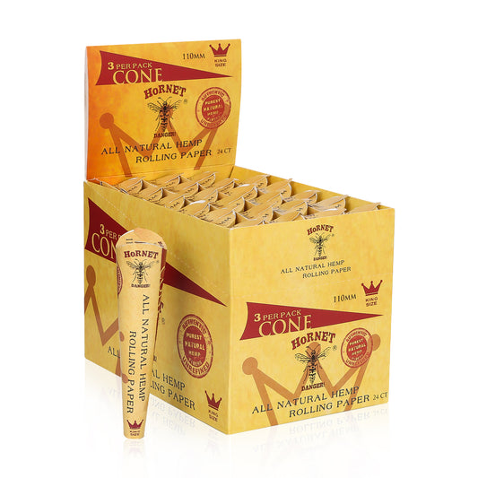 HORNET King Size Pre Rolled Cones, Natural Rolling Cones, Slow Burning Pre Rolled Rolling Paper, 3 PCS / Pack 24 Packs / Box