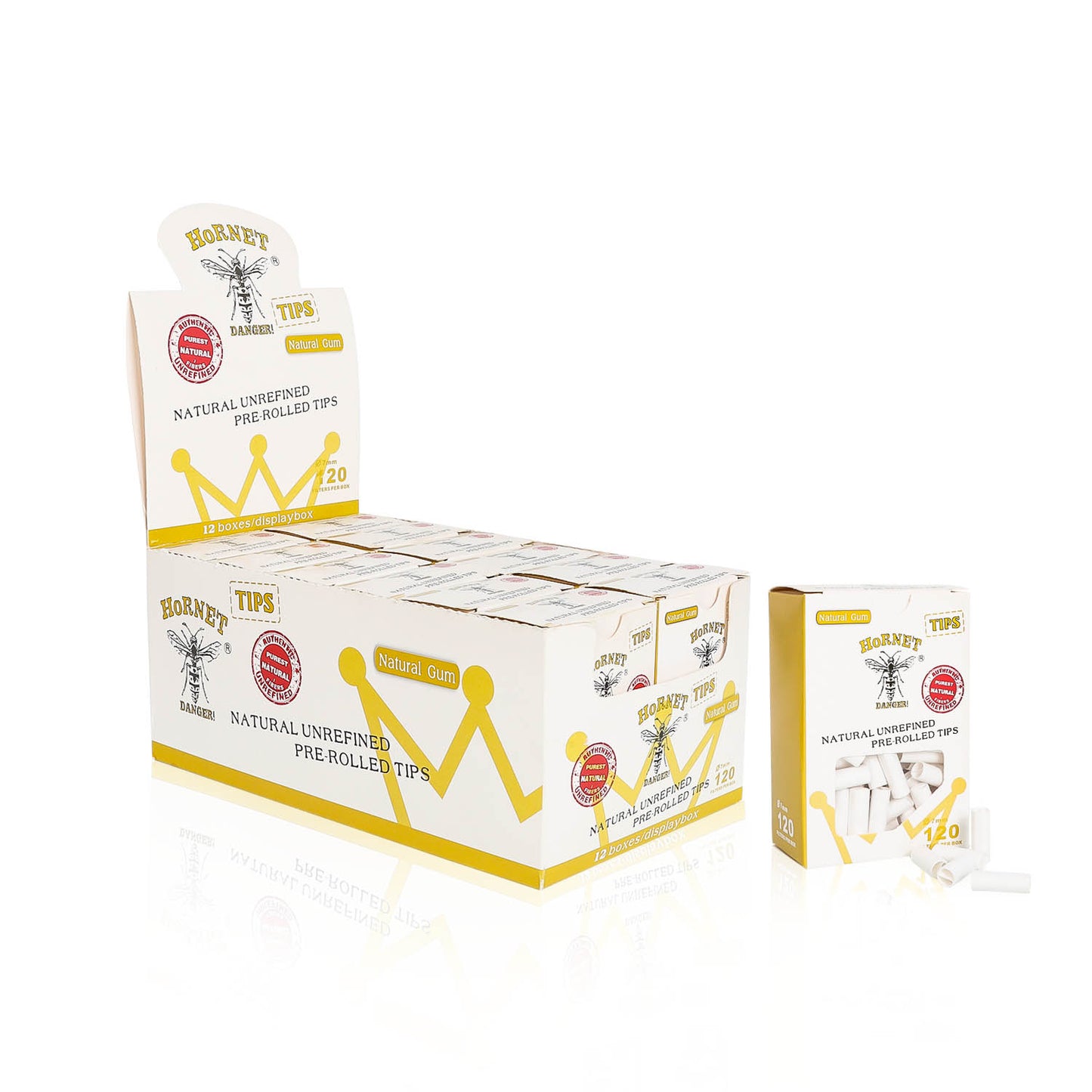 HORNET Ø 7 Pre Rolled Tips, White Natural Original Tips, 120 Tips / Pack 12 Packs / Box
