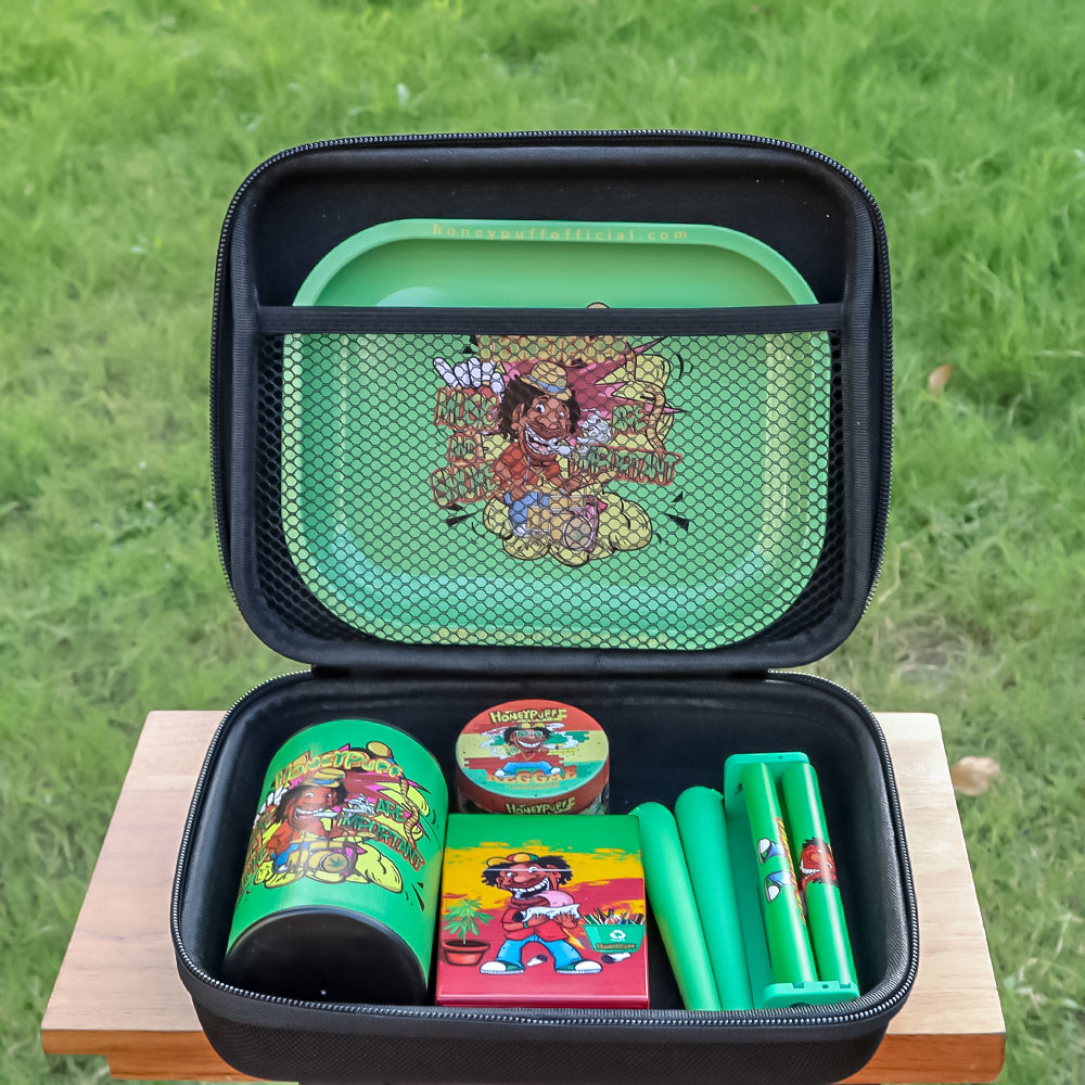GORILLA ROLLING STARS Cigarette Set: 50mm 4-layer zinc alloy cigarette grinder + plastic cigarette case + sealed plastic can +110mm black cigarette roller + metal tray + plastic tube