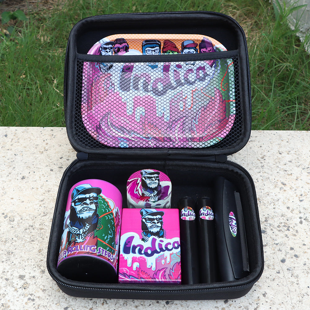 GORILLA ROLLING STARS Cigarette Set: 50mm 4-layer zinc alloy cigarette grinder + plastic cigarette case + sealed plastic can +110mm black cigarette roller + metal tray + plastic tube