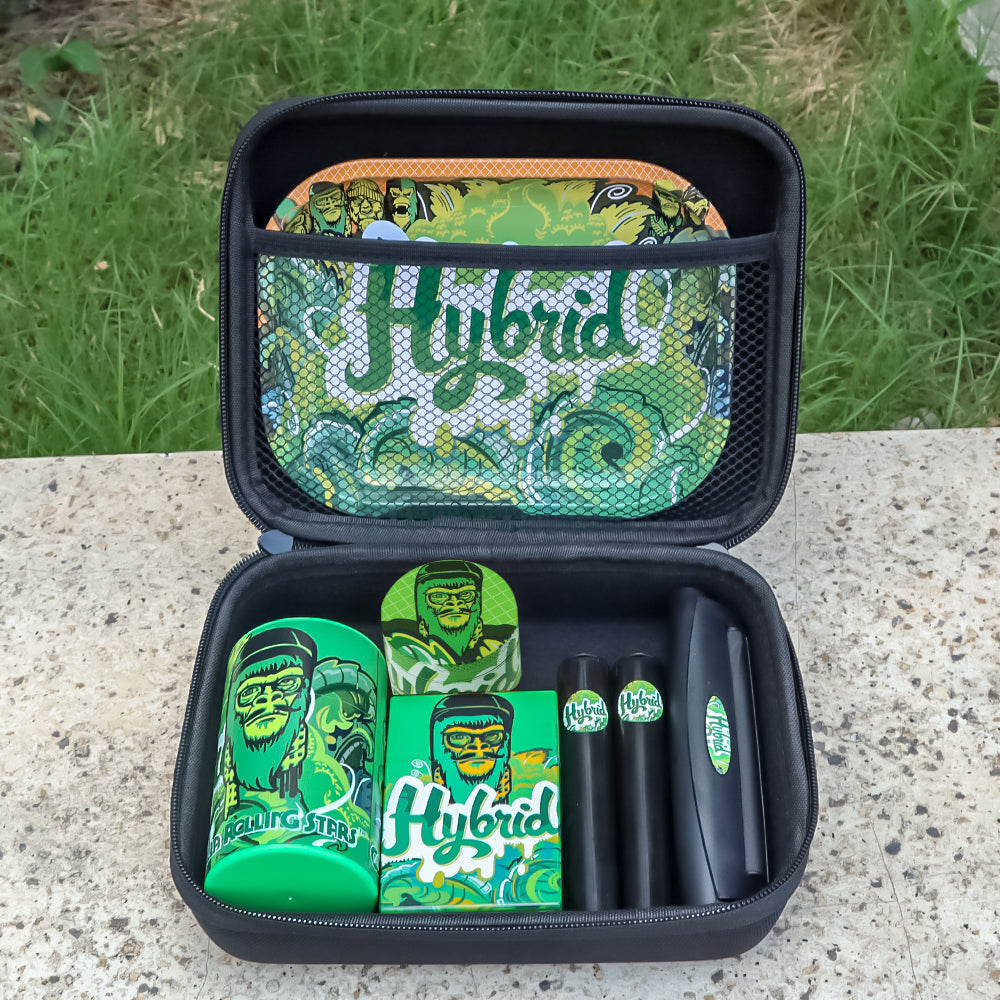GORILLA ROLLING STARS Cigarette Set: 50mm 4-layer zinc alloy cigarette grinder + plastic cigarette case + sealed plastic can +110mm black cigarette roller + metal tray + plastic tube