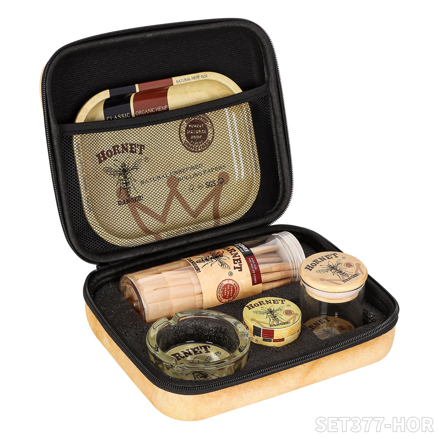 HORNET brand storage bag + metal cigarette tray + brown horn tube + glass ashtray + all-pack smoke grinder + glass sealed jar, all accessories into the bag