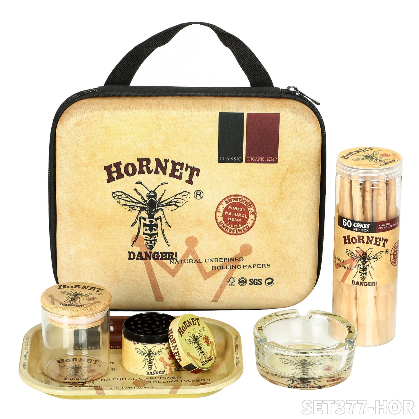 HORNET brand storage bag + metal cigarette tray + brown horn tube + glass ashtray + all-pack smoke grinder + glass sealed jar, all accessories into the bag