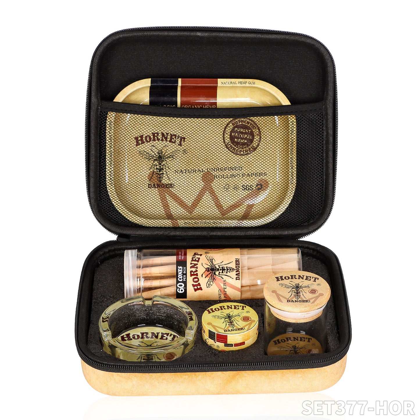 HORNET brand storage bag + metal cigarette tray + brown horn tube + glass ashtray + all-pack smoke grinder + glass sealed jar, all accessories into the bag