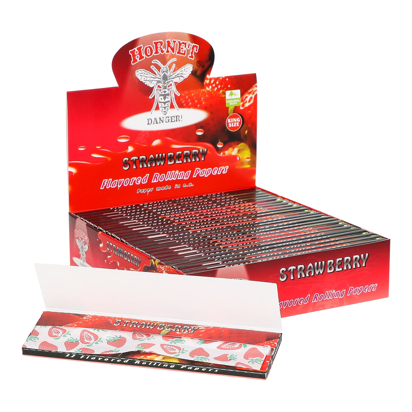 HORNET King Size Strawberry Flavors Rolling Papers, Slim Natural Organic Rolling Paper, 32 Pieces / Pack 25 Packs / Box