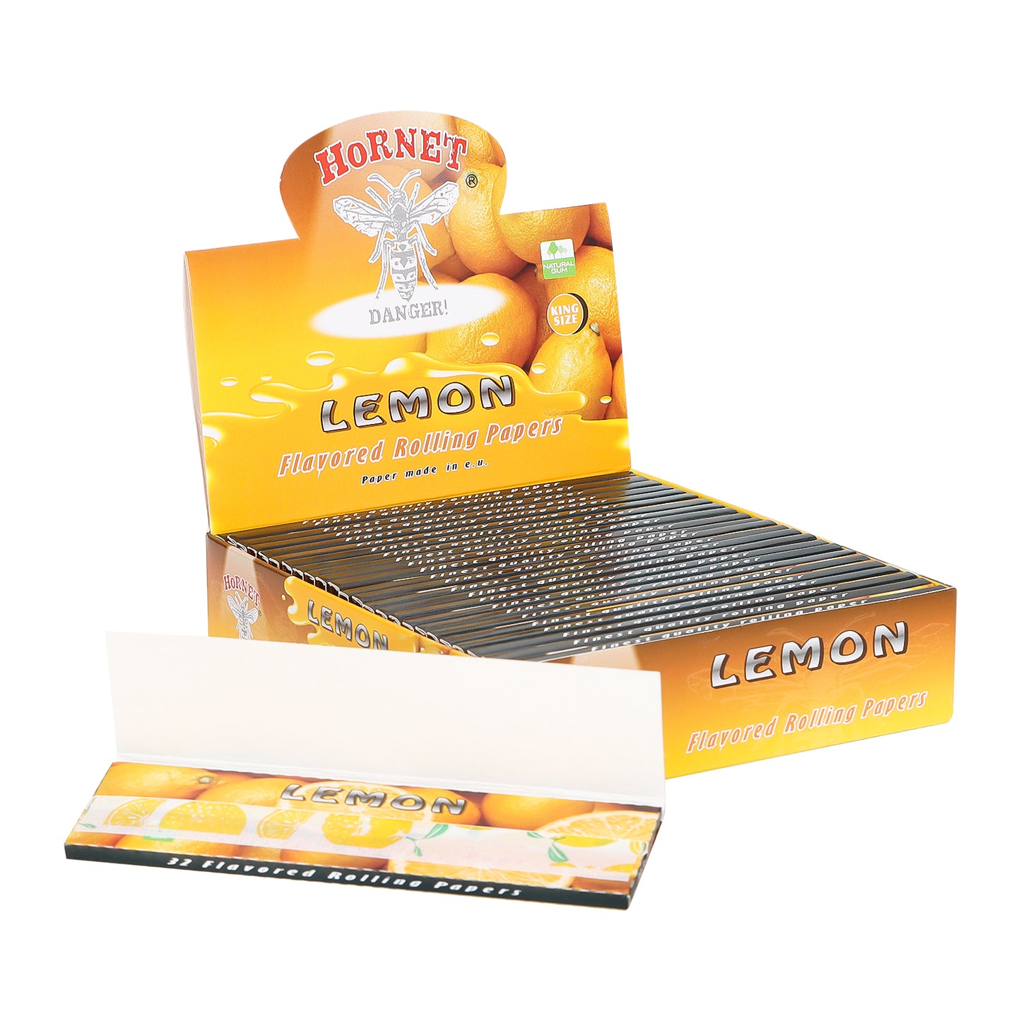 HORNET King Size Lemon Flavors Rolling Papers, Slim Natural Organic Rolling Paper, 32 Pieces / Pack 25 Packs / Box