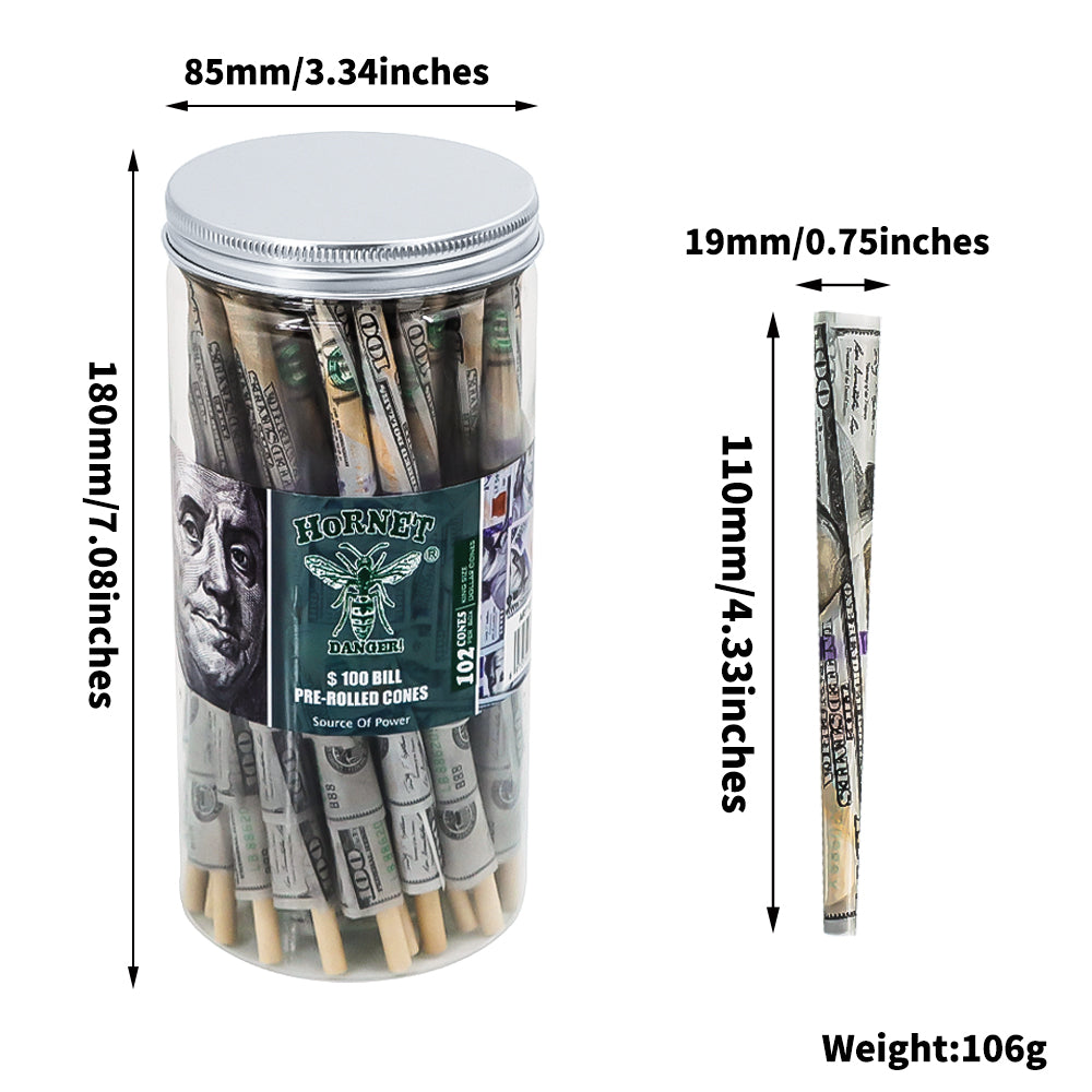 HORNET Dollar Design Pre Rolled Cones, King Size Pre Rolled Rolling Paper With Tips, Slow Burning Rolling Cones, 102 PCS