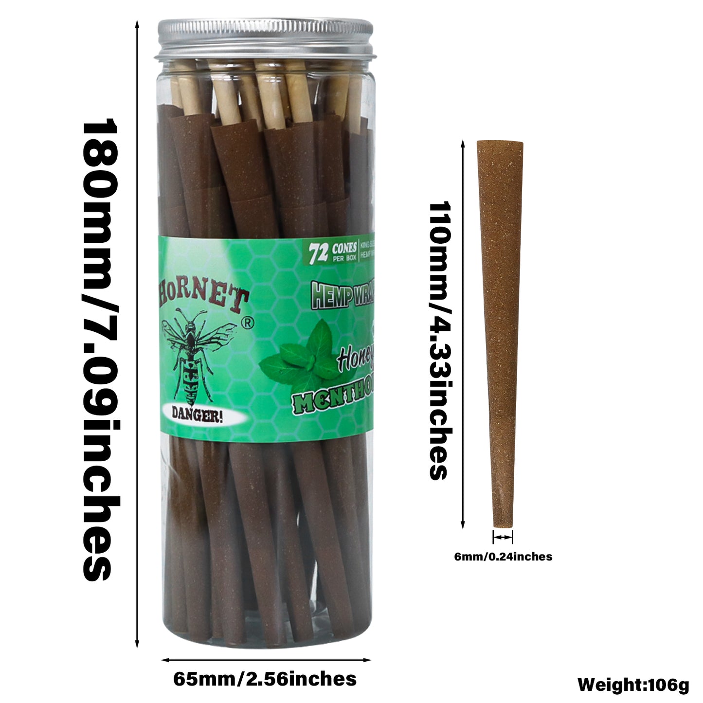 HORNET Mint Flavored Brown Pre Rolled Cones, King Size Pre Rolled Rolling Paper with tips, Slow Burning Rolling Cones & load, 72 PCS / Jar