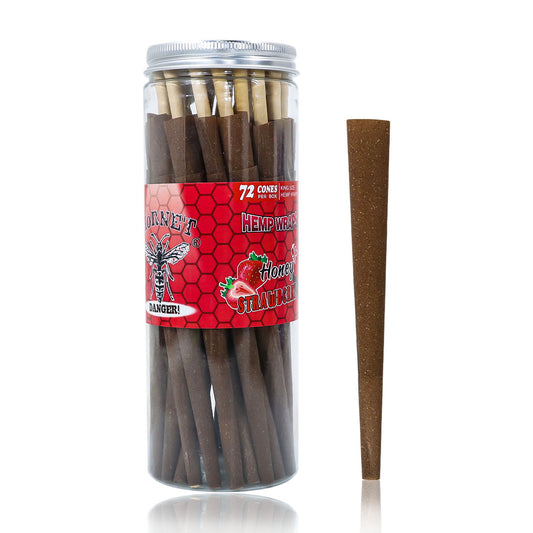 HORNET Strawberry Flavored Brown Pre Rolled Cones, King Size Pre Rolled Rolling Paper with tips, Slow Burning Rolling Cones & load, 72 PCS / Jar