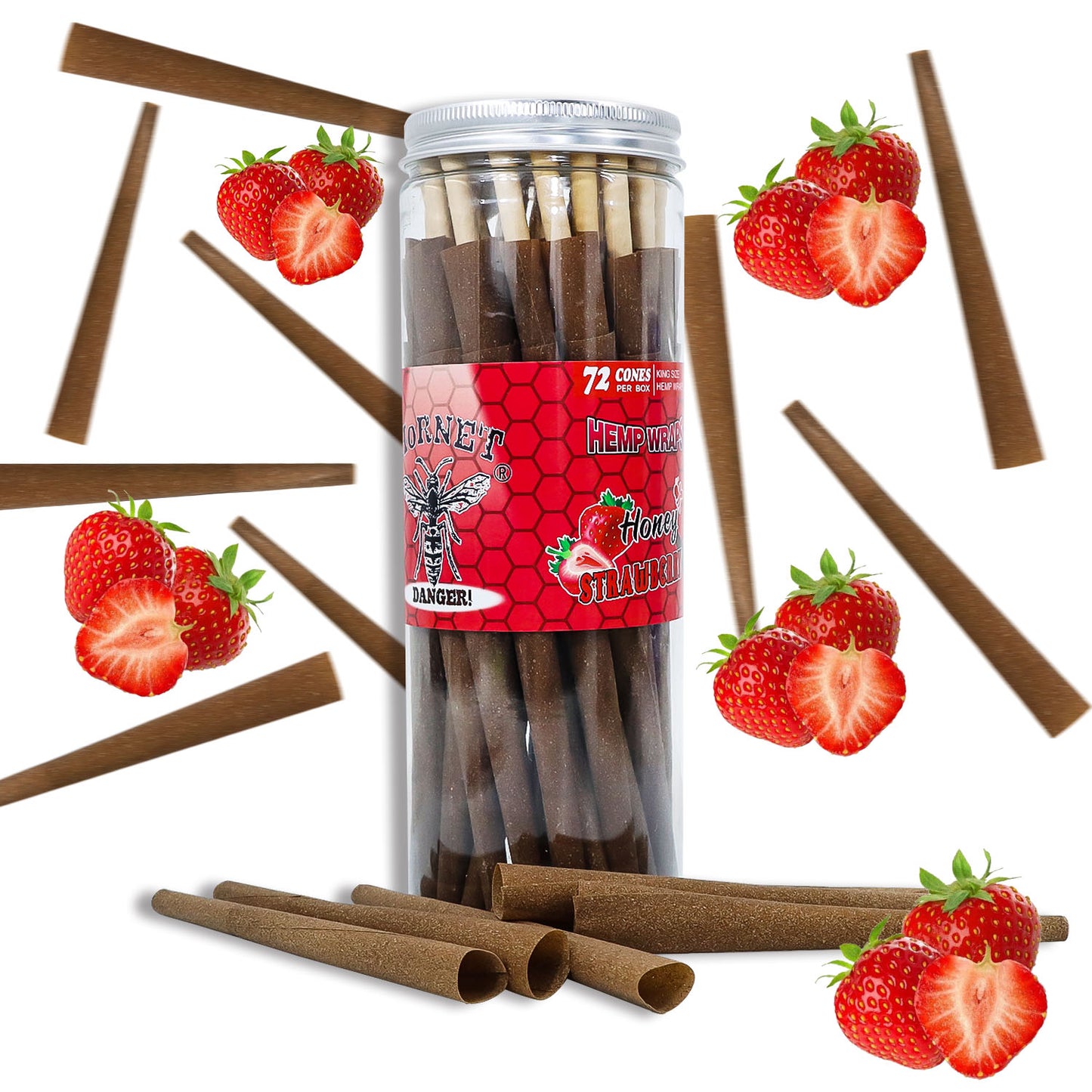 HORNET Strawberry Flavored Brown Pre Rolled Cones, King Size Pre Rolled Rolling Paper with tips, Slow Burning Rolling Cones & load, 72 PCS / Jar