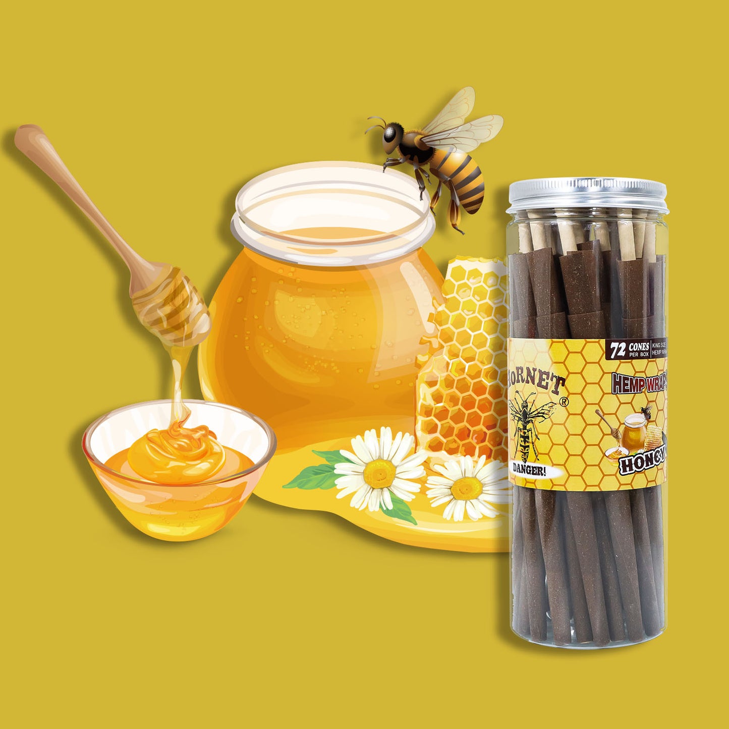 HORNET Honey Flavored Pre Rolled Cones, King Size Brown Pre Rolled Rolling Paper with tips, Slow Burning Rolling Cones & load, 72 PCS / Jar