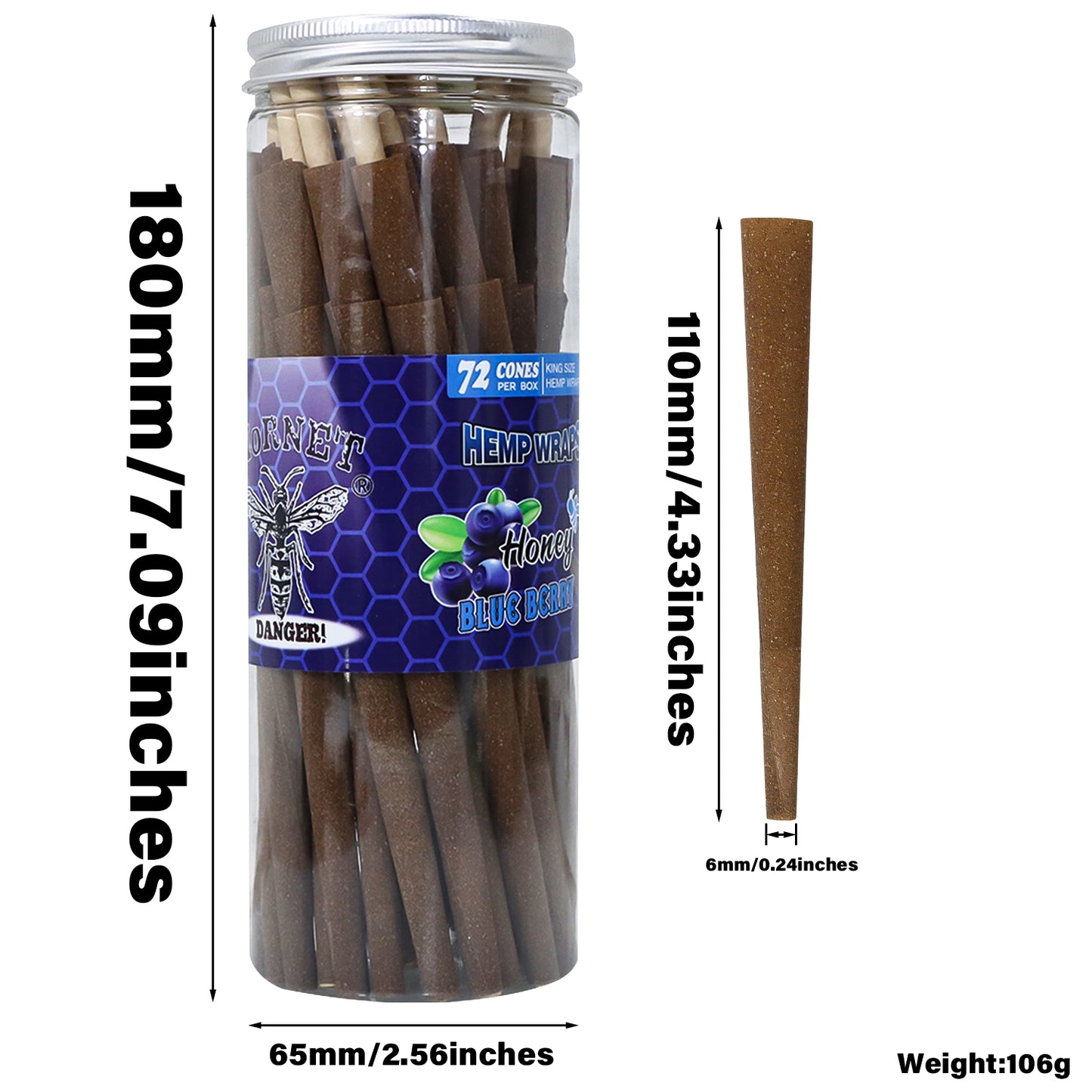 HORNET Blueberry Flavored Brown Pre Rolled Cones, King Size Pre Rolled Rolling Paper with tips, Slow Burning Rolling Cones & load, 72 PCS / Jar