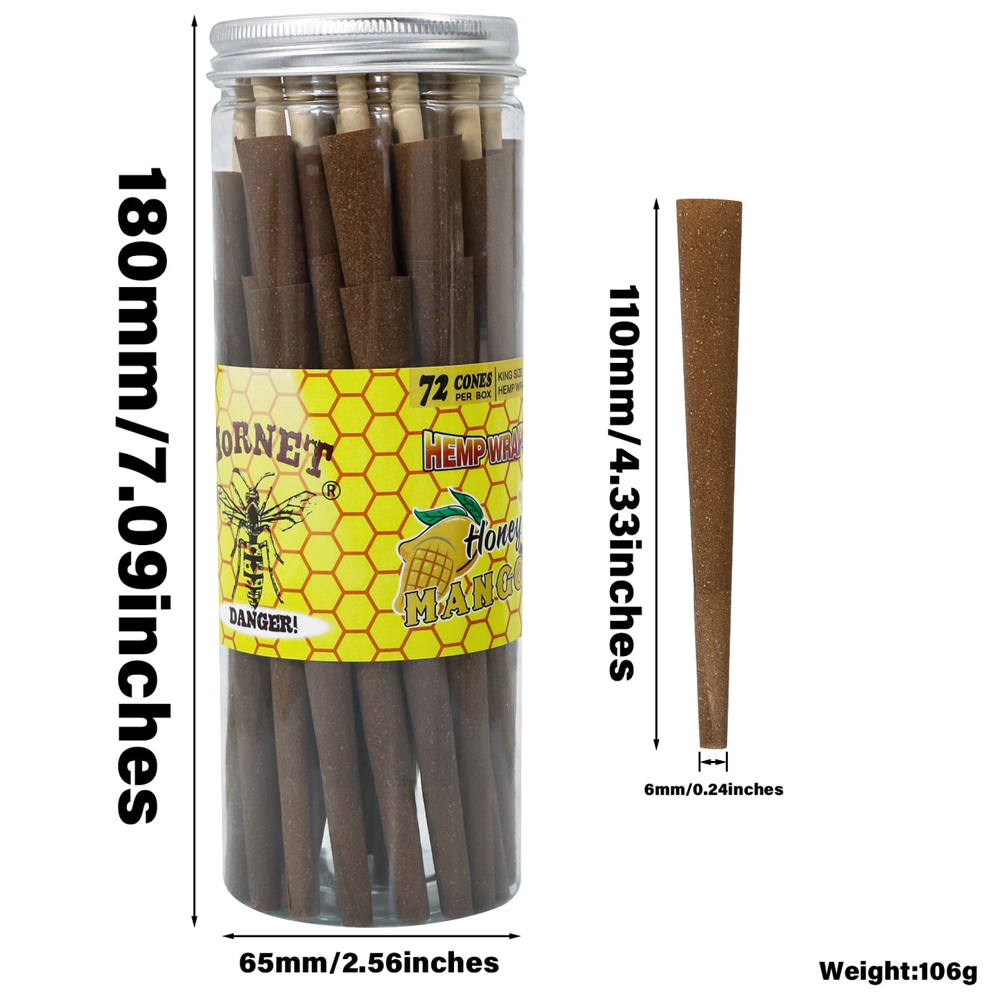 HORNET Mango Flavored Brown Pre Rolled Cones, King Size Pre Rolled Rolling Paper with tips, Slow Burning Rolling Cones & load, 72 PCS / Jar